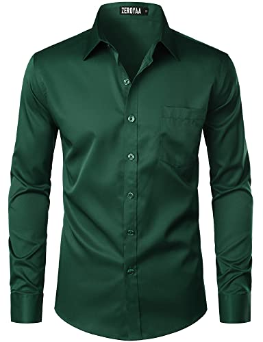 ZEROYAA Men's Urban Stylish Casual Business Slim Fit Long Sleeve Button Up Dress Shirt with Pocket ZLCL29-Dark Green Large