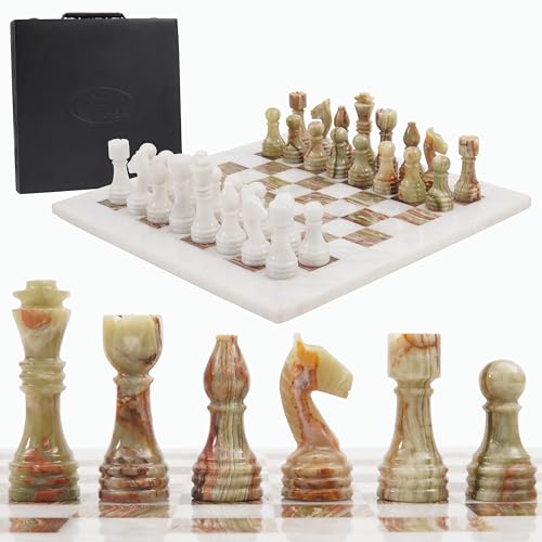 Radicaln Marble Chess Set with Storage Box 15 Inches White and Green Onyx Handmade Board Game 2 Player Classic Chess Sets for Adults- 1 Chess Board & 32 Chess Pieces - Chess Game