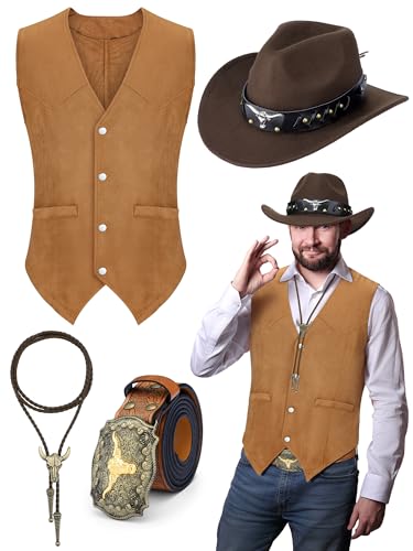 Cutecrop 4 Pcs Western Outfits for Men Cowboy Suit Vest Hat Western Bolo Tie Buckle Belt for Western Costume Accessories (Medium)