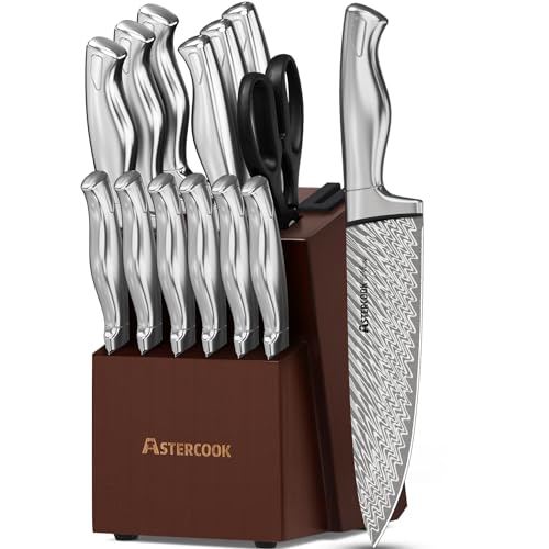 Astercook Knife Set, 15-Piece Kitchen Knife Set with Block, Built-in Knife Sharpener, German Stainless Steel Knife Block Set, Dishwasher Safe
