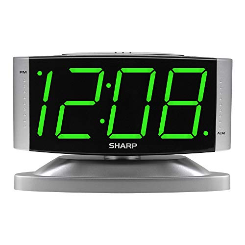 Sharp Home LED Digital Alarm Clock – Swivel Base - Outlet Powered, Simple Operation, Alarm, Snooze, Brightness Dimmer, Big Green Digit Display, Silver Case