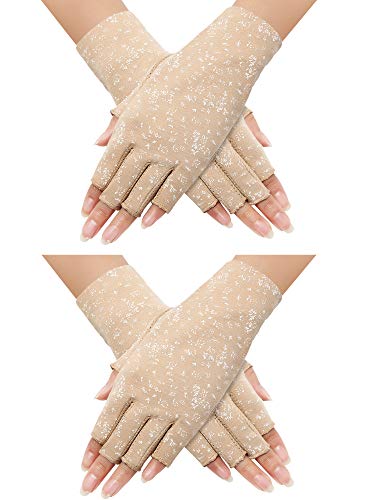 Maxdot 2 Pair Women Sunblock Fingerless Gloves Summer Driving Gloves Girls Non Slip UV Protection Gloves for Outdoor (Khaki)