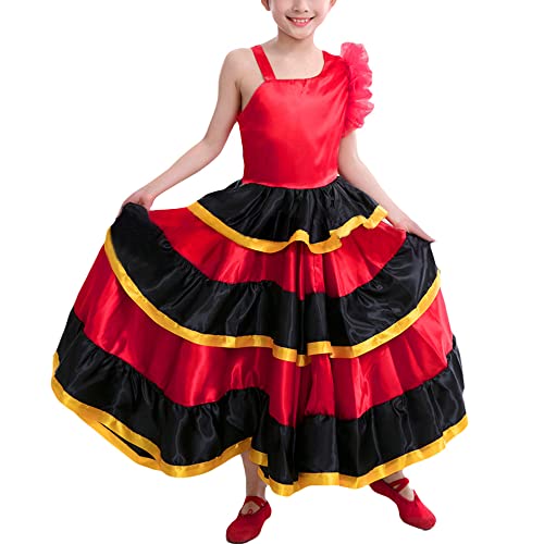 Libaobaoyo Girls Flamenco Dancer Costume Satin Full Circle Bull Dance Dress Maxi Length Performance Dancewear (as1, Age, 5_Years, 6_Years, 5-6 Years)