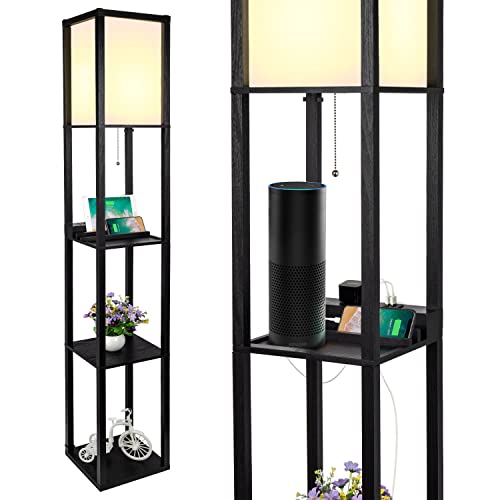 SHINE HAI 3-in-1 Shelf Floor Lamp with 1 USB&Type C&1 AC Outlet, 3-Tiered LED Shelf Lamp, Shelf & Storage Floor Lamp Combination Modern Standing Light