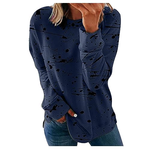 Lightning Deals of Today Women Long Sleeve Shirts 2023 Casual Crewneck Loose Fit Tops Fashion Print Plus Size Lightweight Fall Sweatshirts Navy XXXXXL