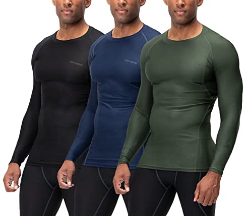 DEVOPS 3 Pack Men's UPF 50+ Long Sleeve Compression Shirts, Water Sports Rash Guard Base Layer, Athletic Workout Shirt (Large, Black/Navy/Olive)