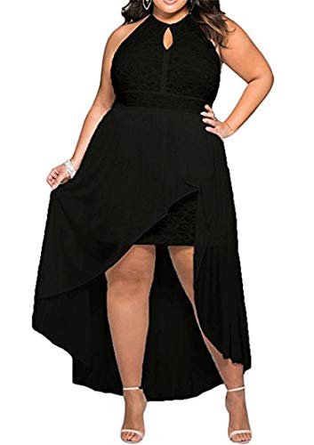 - 818 - Plus Size Hi Low Lace Overlay Halter Cocktail Casual Beach Wedding Maxi Dress (3X, Black)