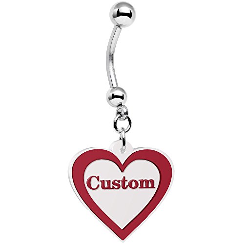 Body Candy Steel Red and White Valentines Day Heart Personalized Name Dangle Belly Ring