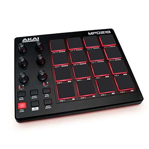 AKAI Professional MPD218 - USB MIDI Controller with 16 MPC Drum Pads, 6 Assignable Knobs, Note Repeat & Full Level Buttons and Production Software