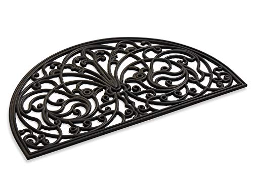 Rubber Scroll Doormat Half Moon Mat, Indoor Outdoor Entrance Mat, Low Clearance, Functional and Easy to Clean, Wrought Iron Scroll Design