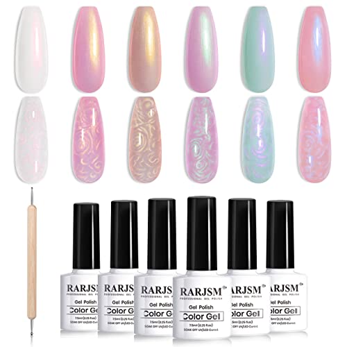 RARJSM Pearl Gel Nail Polish, Glitter Pearlescent Shell Polish Set 6 Colors Pink White Green Purple Shimmer Mermaid Swirl Thread Effect Soak Off LED UV Curing Requires DIY Manicure Use
