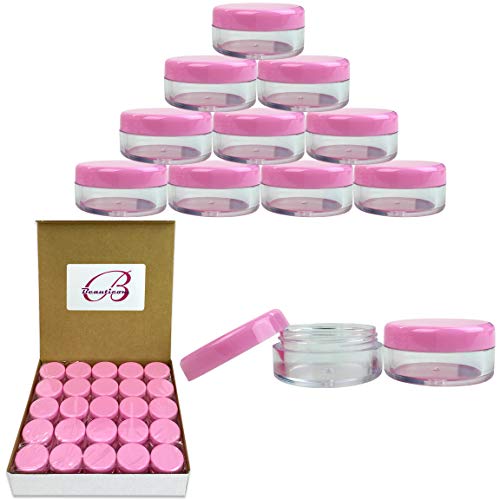 50 New Empty 5 Grams Acrylic Clear Round Jars - BPA Free Containers for Cosmetic, Lotion, Cream, Makeup, Bead, Eye shadow, Rhinestone, Samples, Pot, Small Accessories 5g/5ml (PINK LID)
