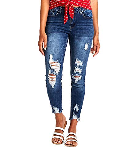Resfeber Women's Ripped Boyfriend Jeans Stretch Distressed Jeans Capri Mom Jean with Hole