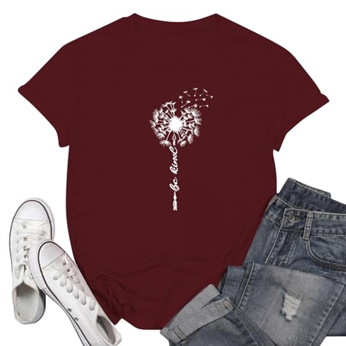 FQZWONG Spring Tops for Women 2024, Lightning Deals of Today Clearance Womens Summer Clothes Casual Short Sleeve Shirts Trendy Ladies Crew Neck Blouses Cute Dandelion Printed Tshirts (Wine,M)