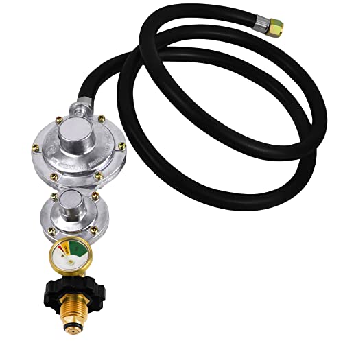 Azdele Upgraded Two Stage Propane Regulator with 5ft Hose and Gauge, Standard P.O.L Tank Connection, 3/8in Female Flare Fitting for Grill, Heaters, Fire Pit, Gas Generator/Stove/Range-CSA Certified