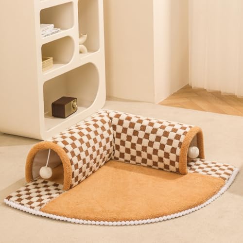 KZLAA 2 in 1 Dog Cat Bed Tunnel Cute Fan-Shaped Pet Bed Funny Plush Plaid, Coffee-XL