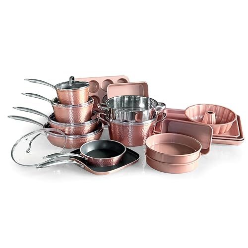 OrGREENiC Luxurious Non-Stick Ceramic 22 Piece Rose Gold Cookware Set with Glass Lids, Lightweight, Scratch-Resistant, Dishwasher Safe, Oven Safe up to 500°F, Suitable for All Stove Types