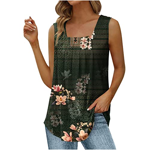 Tank Top for Women Retro Printed Vest Tops Floral Patterned Shirts Tee Pleated Sleeveless Blouses Square Neck Camisole Z1-Army Green Small