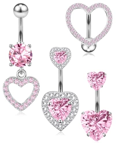 BSJ4U 14G Belly Button Ring Navel Belly Piercing Jewelry Sparkly Pink CZ Heart Belly Rings for Women Cute Stainless Steel Belly Button Piercing