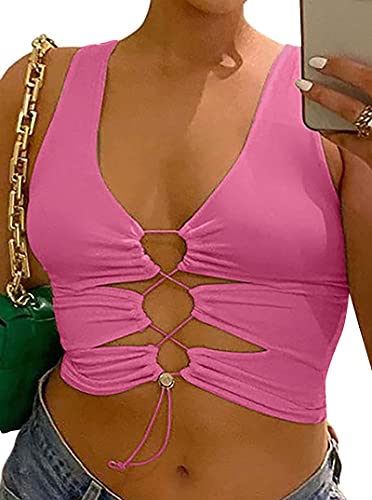 Avanova Women's Sexy Lace up Front Casual Sleeveless Tank Top Cutout Crop Tops Hot Pink 02 Small