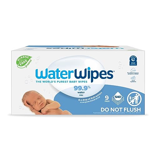 WaterWipes Plastic-Free Original-baby Wipes, 99.9% Water Based Wipes, Unscented & Hypoallergenic for Sensitive Skin, 60 Count (Pack of 9) Total 540 wipes, Packaging May Vary