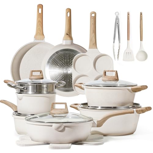 CAROTE 21Pcs Pots and Pans Set, Nonstick Cookware Sets, White Granite Induction Cookware Non Stick Cooking Set w/Frying Pans & Saucepans(PFOS, PFOA Free)
