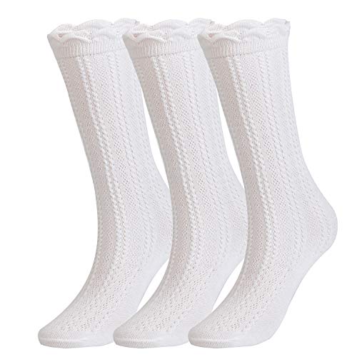 EPEIUS 3 Pairs Little Girls Cotton Uniform Knee High Socks Kids Boys Tube Ruffled Stockings for 4-6 Years,White