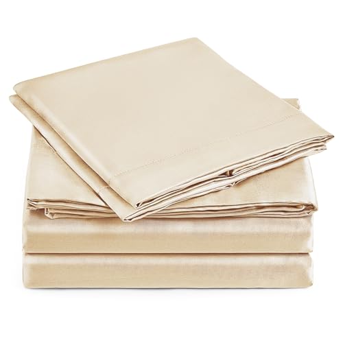 Love's cabin Full Size Satin Sheet Sets - 4 Piece Beige Silky Satin Sheet Set Full with Deep Pocket, Luxury Silk Feel Satin Bed Sheets Full Bedding Set (1 Flat Sheet,1 Fitted Sheet,2 Pillow Cases)