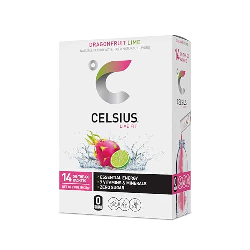 CELSIUS On-the-Go Powder Sticks Dragonfruit Lime, Essential Energy 2.8 Oz (14 Sticks per Pack)