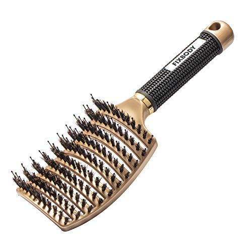 FIXBODY Boar Bristle Hair Brush - Curved & Vented & Oversize Design Detangling Hair Brush for Women Long, Thick, Curly and Tangled Hair Blow Drying Brush (Gold)