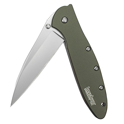 Kershaw Leek Olive EDC Pocketknife, 3' Sandvik 14C28N Steel Blade, Assisted Opening Folding Knife, Dual Lock System