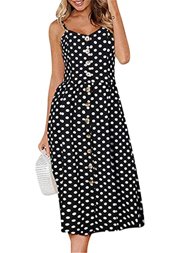 YMING Womens Sleeveless V Neck Dresses Spaghetti Strap Floral Print Dress Plus Size Pockets Sundress Dot Black L