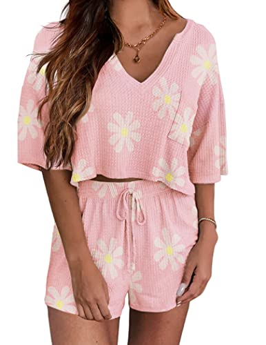 Ekouaer Women's Matching Pajamas Sets Floral Knit Pj Set Long Sleeve Crop Top and Shorts Cute Lounge Sweater Set with Pockets Pink XL