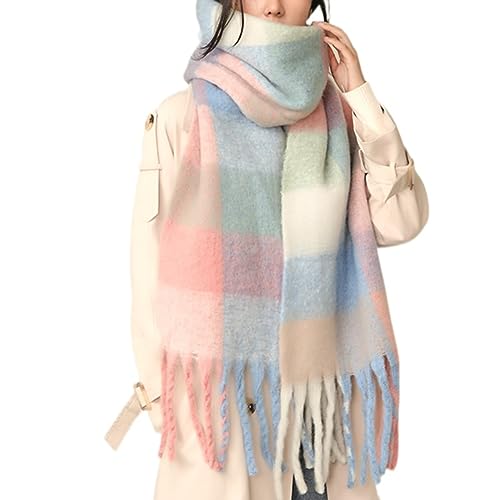 MININAI Chunky Winter Scarfs for Women Cold Weather Warm Knit Thick Plaid Scarf Long Large Oversized Checked Scarves (Pastel)