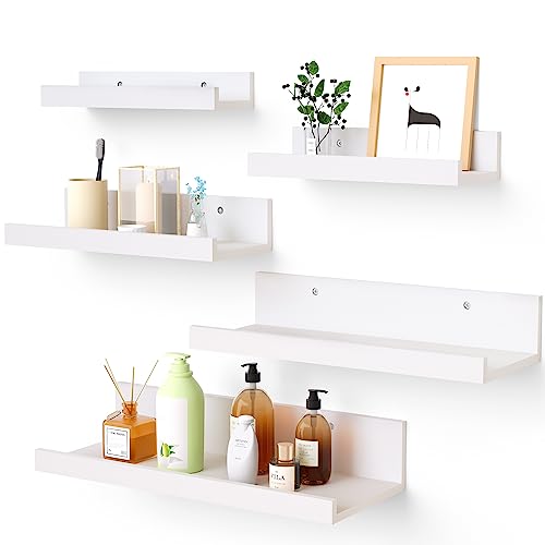 Upsimples Home Floating Shelves for Wall Decor Storage, Wall Shelves Set of 5, Wall Mounted Wood Shelves for Bedroom, Living Room, Bathroom, Kitchen, Small Picture Ledge Shelves, White