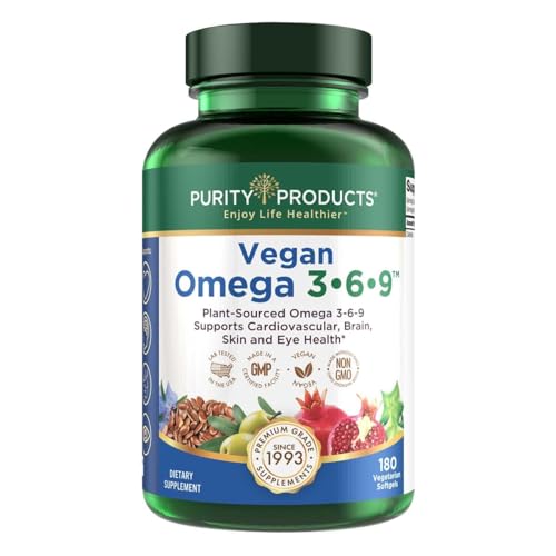 Purity Products Omega 3-6-9 Vegan Omega Formula - “5 in 1” Essential Fatty Acid Complex - Scientifically Formulated Plant-Based Omega 3 6 9 Essential Fatty Acids (EFA) - 3 Month Supply - 180 Softgels