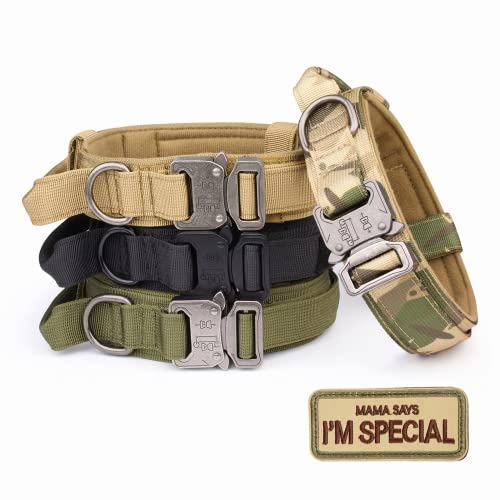 Tactical Dog Collar - KCUCOP Military Dog Collar with Mama Says I m Special Patch Thick with Handle K9 Collar Tactipup Dog Collars Adjustable Heavy Duty Metal Buckle for Medium and Large Dogs(Black-L)