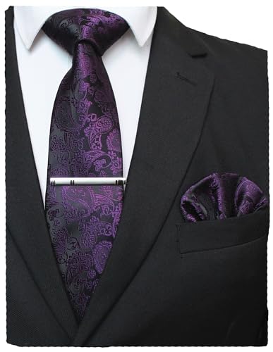 JEMYGINS Purple Paisley Tie Wedding Business Silk Necktie and Pocket Square, Hankerchief with Tie Clip Sets for Men(3)