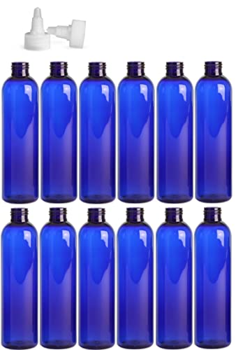 Premium Essential Oil 8 Ounce Cosmo Round Bottles, PET Plastic Empty Refillable BPA-Free, with Natural Twist Top Caps (Pack of 12) (Blue)