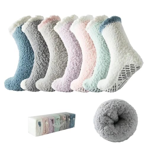 Bulinlulu Fuzzy Socks With Grips for Women,7 Pairs Non Slip Hospital Socks Sleep Warm Fluffy Socks Non-Skid Thick Slipper Socks with Grippers(Blue/Dark Grey/Brown/Purple/Pink/Green/White)