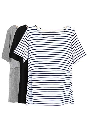 Smallshow 3 Pcs Maternity Nursing T-Shirt Nursing Tops White Stripe-Black-Grey Small