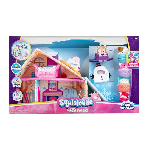Squishville by Original Squishmallows Ski Chalet - Includes Four 2-Inch Skis, Snowboard, Snowman, Chair, Bed, and Playscene with Ski Slope - Amazon Exclusive