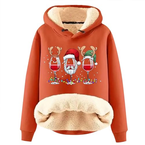 amazon warehouse sale clearance Hoodies for Women Christmas Wine Glass Printed Hooded Sweatshirt Velvet Thickened Warm Hooded Pullover (Orange, M)