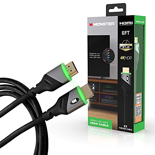 Monster 6ft High Speed 4K HDR HDMI Cable with Built-in Green LED Light, Gaming Video and Computer cable