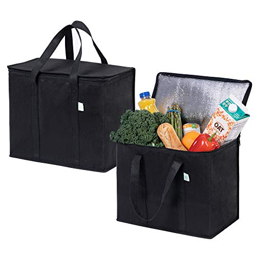 VENO 2 Pack Cooler Bag and Insulated Grocery Bags for Food Delivery, Collapsible Cooler. Reusable Shopping Bags for Groceries with Zippered top, Foldable, Heavy-Duty, Stands Upright (Black, 2 Pack)