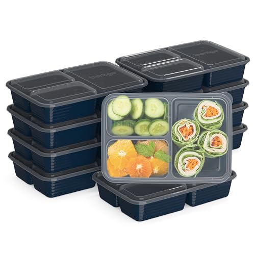 Bentgo Prep 3-Compartment Containers - 20-Piece Meal Prep Kit with 10 Trays & 10 Custom-Fit Lids - Durable Microwave, Freezer, Dishwasher Safe Reusable BPA-Free Food Storage Containers (Navy Blue)