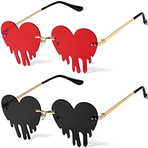 2 Pairs Drippy Heart Shaped Sunglasses Rave Festival Glasses Melting Heart Drip Sunglasses for Women and Men