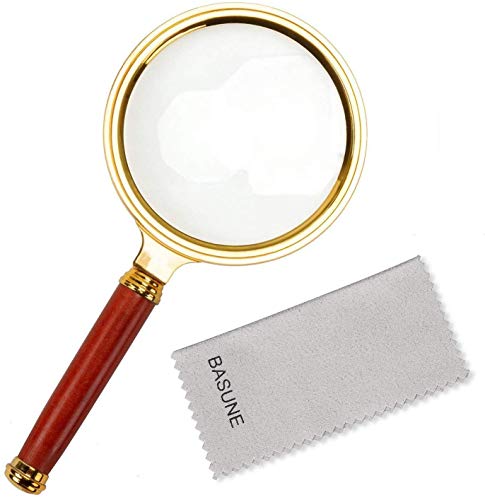 BASUNE 10X Handheld Magnifier, Reading Magnifier Loupe Glasses 10X with Rosewood Handle for Book and Newspaper Reading, Insect and Hobby Observation, Classroom Science (Clear, Plastic Frame)