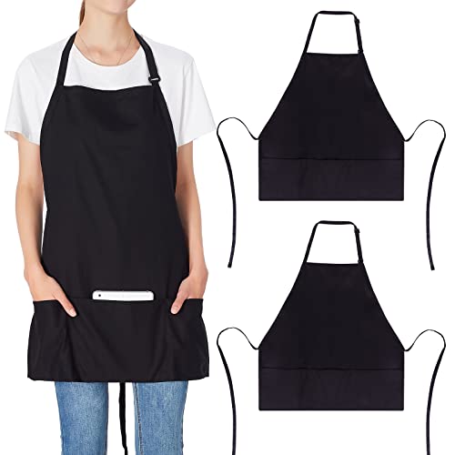 Jubatus 2 Pack 3 Pockets 100% Cotton Adjustable Bib Apron Chef Kitchen Cooking Aprons for Women Men, Black