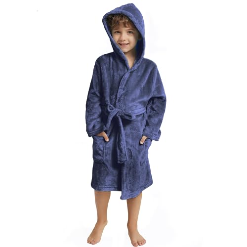 V.&GRIN Boys Fleece Robe, Hooded Toddler Soft Fuzzy Bathrobe for Kids 3-14 Years（Navy 7-8